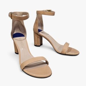 STUART WEITZMAN Nudist Nude Patent Leather Block Heel Ankle Strap Sandals 8M